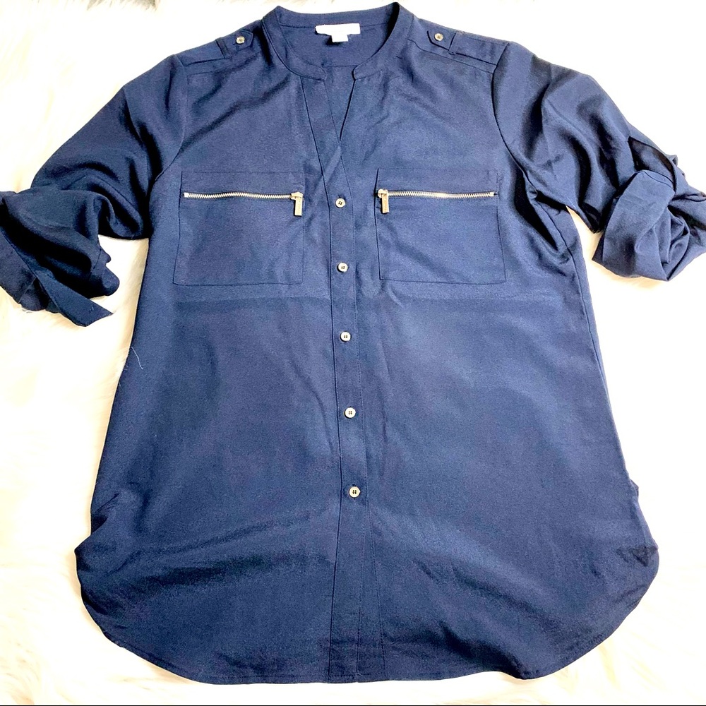 Calvin Klein Blue 3/4  Roll-Tab Blouse